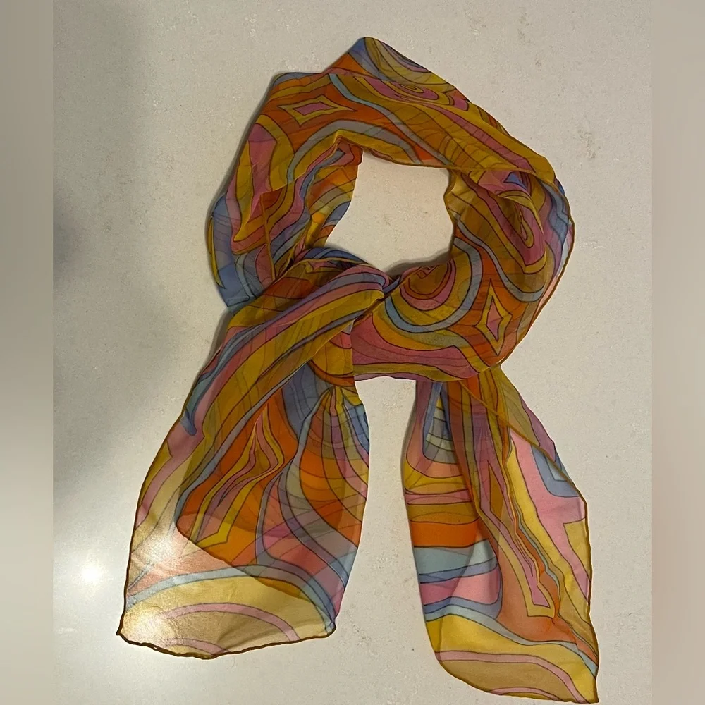 Sheer Paisley 1970s Mod Scarf /Ponytail Tie/Wrap Orange/Pink/Blue/Yellow 15βx44β - Picture 9 of 16